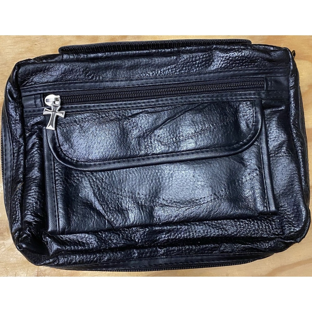 Bible Cover Black Solid Leather Large Book Case Cross Zipper Pockets